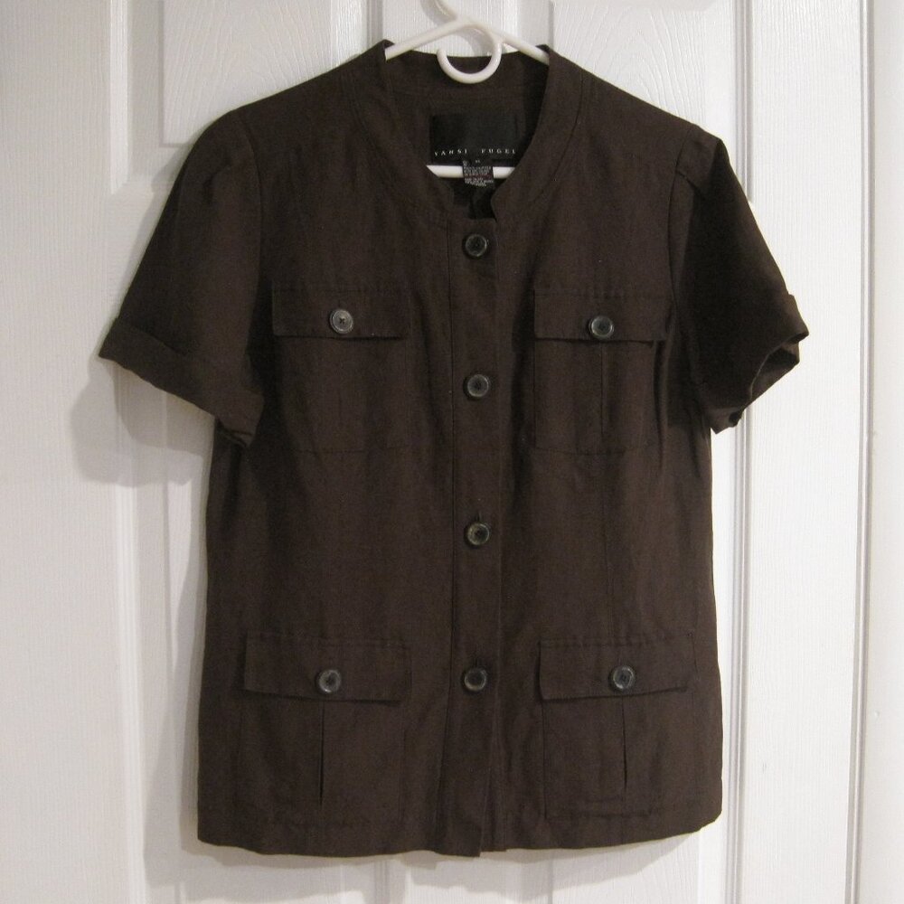 Yansi Fugel Linen Blend Brown Blazer Jacket Size M Lagenlook Career Office Top